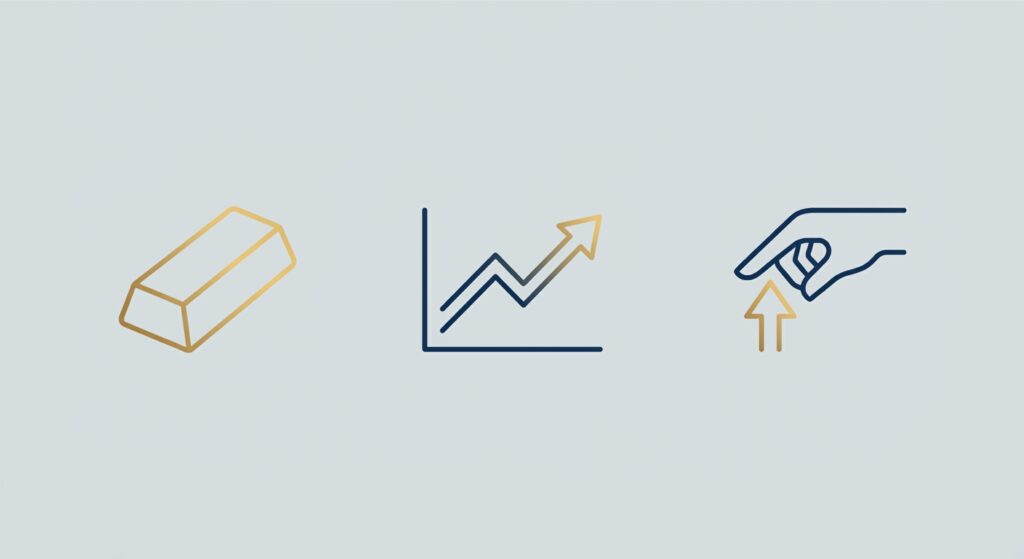 Gold Price Trader: Icons of a gold bar, an upward trending graph, and a hand with an upward arrow, symbolizing gold trading s