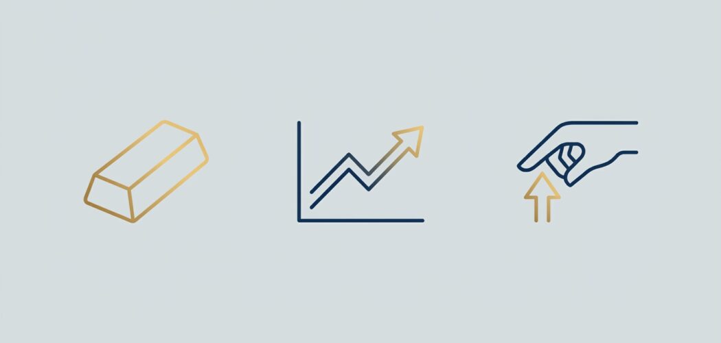 Gold Price Trader: Icons of a gold bar, an upward trending graph, and a hand with an upward arrow, symbolizing gold trading s