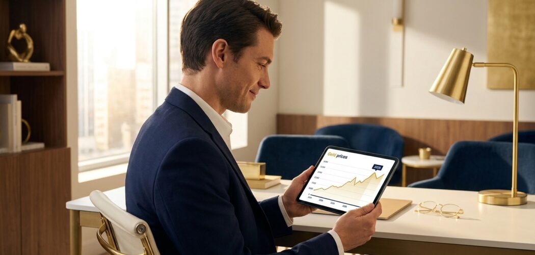 Gold Price Trader: Man analyzing gold prices on a tablet, showing an upward trend to 2026, for smart gold investing.